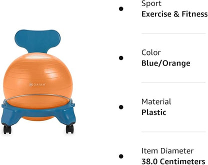 Gaiam Kids Balance Ball Chair - Classic Children's Stability Ball Chair, Alternative School Classroom Flexible Desk Seating for Active Students, Orange/Blue