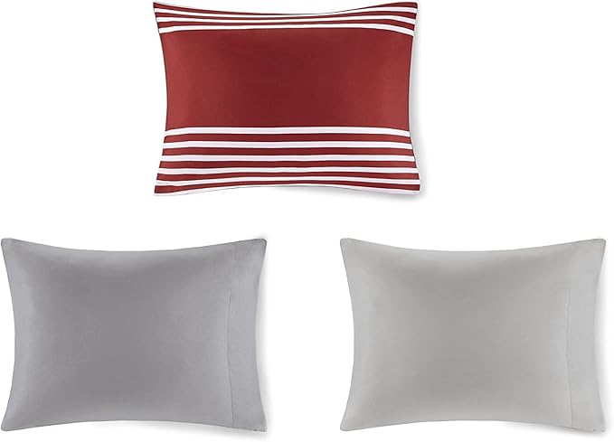 Comfort Spaces Twin Comforter Sets with Sheets - Bed in a Bag 6 Pieces Teen Bedding Sets Twin, Red and Grey Stripes Bedding Twin, College Twin Bed Set with 2 Side Pockets Bedroom Organizer