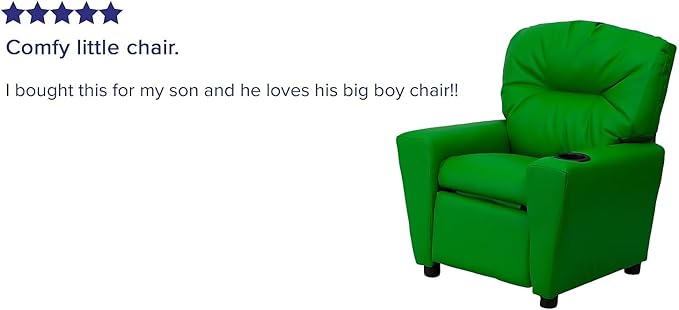 Flash Furniture Chandler Vinyl Kids Recliner with Cup Holder and Safety Recline, Contemporary Reclining Chair for Kids, Supports up to 90 lbs., Green