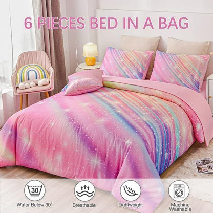 Btargot Super Soft 6 Pieces Gradient Star Ring Comforter Set, Colorful Glitter Rainbow Star Pattern Bedding Set for Boys Girls Teens, Full Pink