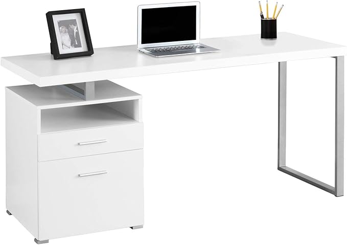 Monarch Specialties Computer Writing Desk for Home & Office Laptop Table with Drawers Open Shelf and File Cabinet-Left or Right Set Up, 60" L, White