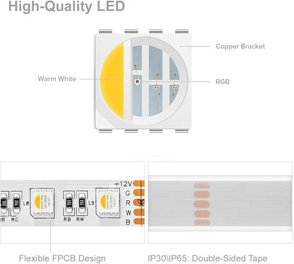 BTF-LIGHTING 5050 RGBW RGB+Warm White(2700K-3000K) 4 Colors in 1 LED Tape Light DC12V 5m 16.4ft 60LED/m Multi-Colored IP67 White 14mm PCB for Bedroom Kitchen Home Decoration(No Adapter or Controller)