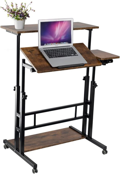 Hadulcet Mobile Standing Desk, Rolling Table Adjustable Computer Desk, Stand Up Laptop Desk Mobile Workstation for Home Office Classroom with Wheels, 31.49 x 23.6 in Rustic Brown