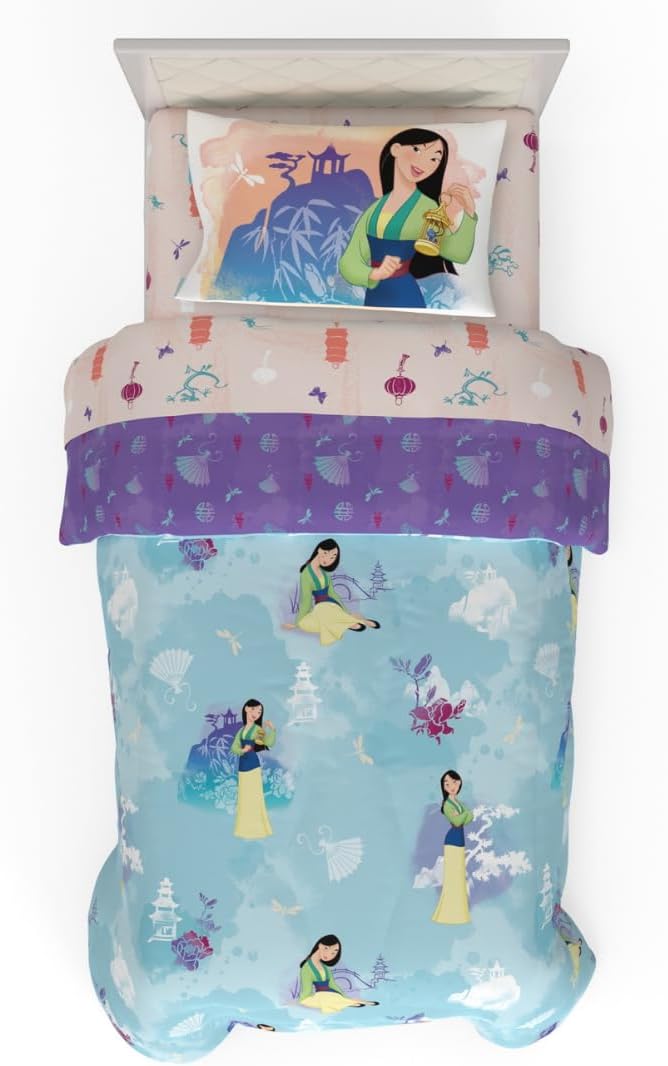Franco Disney Princess Mulan Kids Bedding Super Soft Microfiber Comforter and Sheet Set, 4 Piece Twin Size, (Official Licensed Product)