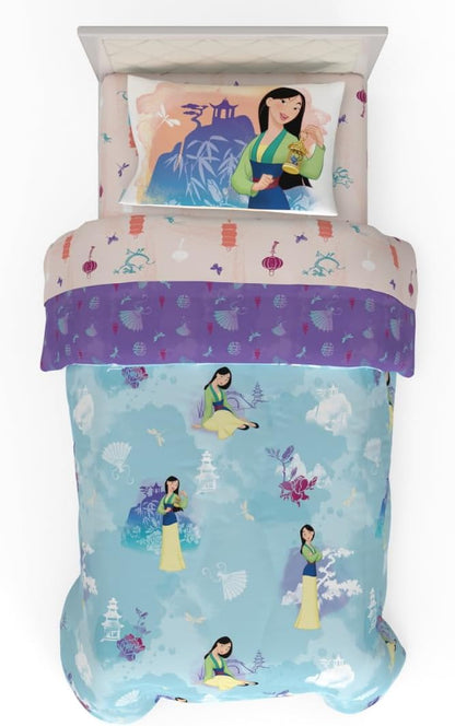 Franco Disney Princess Mulan Kids Bedding Super Soft Microfiber Comforter and Sheet Set, 4 Piece Twin Size, (Official Licensed Product)