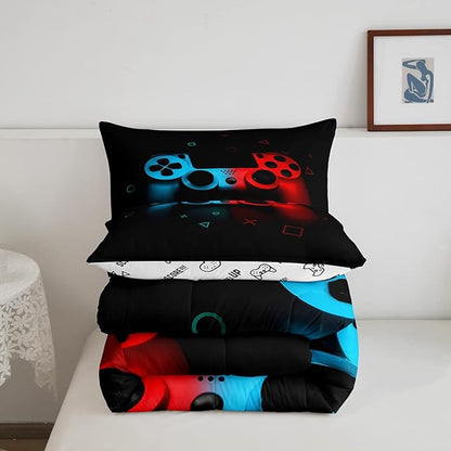 Erosebridal Boys Gamepad Comforter Set King,Play Gamer Bedding Set Kid Young Man Video Games Down for Teen Child Game Room Decor Black Classic Retro Gaming Quilt Duvet Set with Controller Button