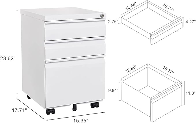 3-Drawer Mobile Lock and 5 Casters,Pre-Assembled Metal Office Storage Filing Cabinets w/ 1 Removable Hanging Rods,for Legal/Letter Size,White