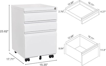 3-Drawer Mobile Lock and 5 Casters,Pre-Assembled Metal Office Storage Filing Cabinets w/ 1 Removable Hanging Rods,for Legal/Letter Size,White