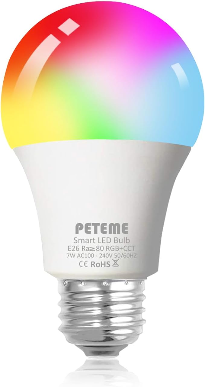 Peteme Smart WiFi Light Bulbs, Led RGB Color Changing Bulbs Compatible with Alexa, Siri,Echo, Google Home, A19 E26 60W Smart Bulbs 1 Pack