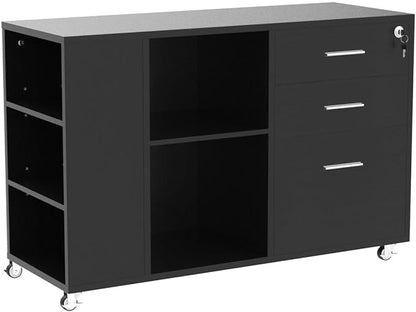 YITAHOME Mobile Wood File Cabinet, 3 Drawer Lateral Filing Cabinet, Black
