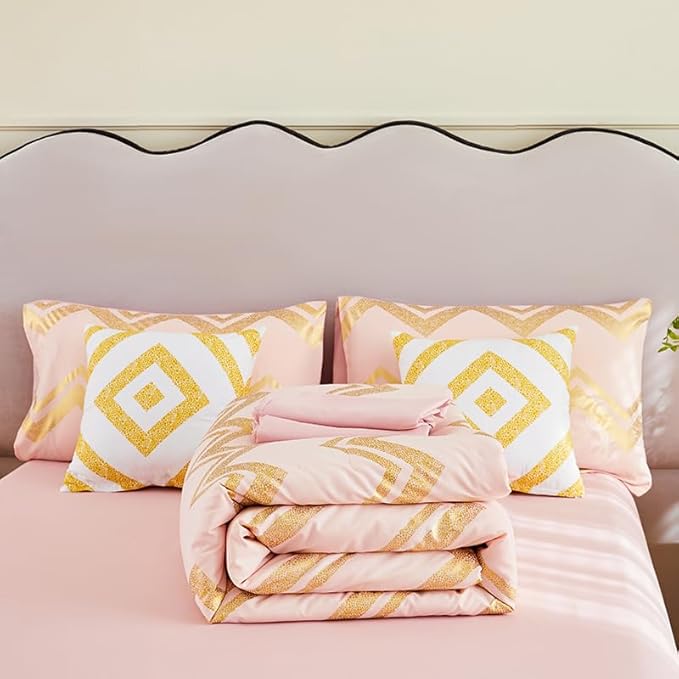 7PCS Gold and Pink Comforter Set,Pink Comforter Queen,Metallic Blush and Rose Gold Pink Bedding Set Queen,Bed in A Bag Queen for Teen Girls Women,Bedroom Decoration Queen Pink/Rose Gold