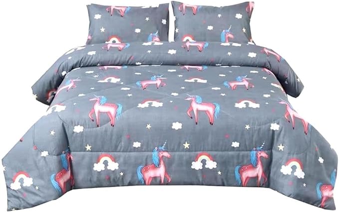 3PCS Gray Unicorn Comforter Set Queen Size, Queen Bed in a Bag Set Cute Bedding, Hotel Luxury, Lightweight Comforter Queen for Boys Girls Toddler Kids and Teens, Queen