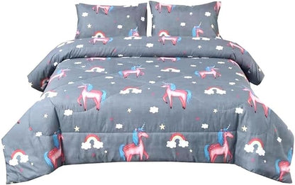3PCS Gray Unicorn Comforter Set Queen Size, Queen Bed in a Bag Set Cute Bedding, Hotel Luxury, Lightweight Comforter Queen for Boys Girls Toddler Kids and Teens, Queen