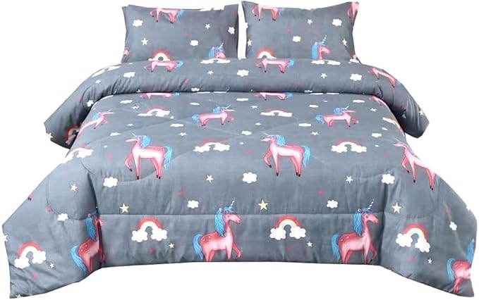 3PCS Gray Unicorn Comforter Set Full, Bed in a Bag Full Unicorn Bedding Set, Lightweight and Fade Resistant, Cute Room Decor for Boys Girls Toddler Kids and Teens, Full