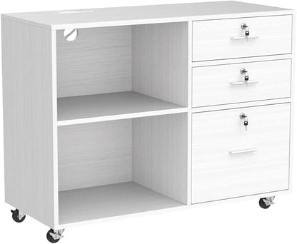 YITAHOME File Cabinet with Lock, 3 Drawer Filing Cabinet with Charging Station, Printer Stand with Storage, Office Pedestal Files for Hanging Files Letter/Legal/A4, White