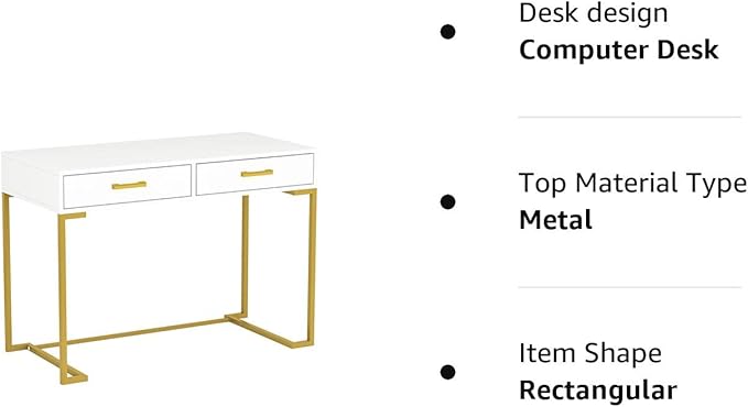 Tribesigns 40 Inch Computer Desk, White and Gold Desk with 2 Drawers, Modern Simple Home Office Desk, Gold Writing Desk Study Table for Bedroom, Modern Makeup Vanity Desk for Small Spaces