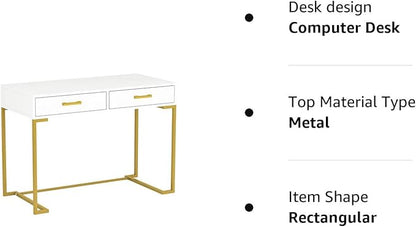 Tribesigns 40 Inch Computer Desk, White and Gold Desk with 2 Drawers, Modern Simple Home Office Desk, Gold Writing Desk Study Table for Bedroom, Modern Makeup Vanity Desk for Small Spaces