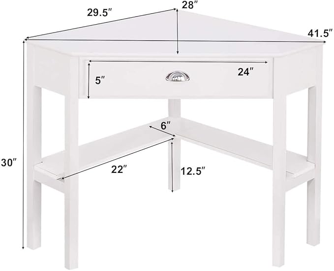 Nightcore Small, Wood Computer Desk, Compact Writing w/Drawer & Storage Shelves, Space Saving Study Workstation, Laptop PC Corner Table, White