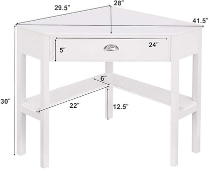 Nightcore Small, Wood Computer Desk, Compact Writing w/Drawer & Storage Shelves, Space Saving Study Workstation, Laptop PC Corner Table, White