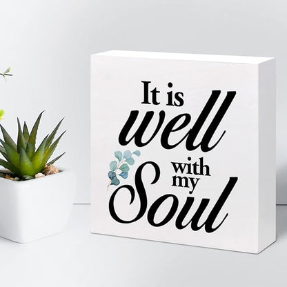 Christian Quote It Is Well With My Soul Wood Box Sign,Holy Bible Quote Decor Desk Sign,Inspirational Song and Hymn Wooden Block Sign for Home Bedroom Office Shelf Tabletop