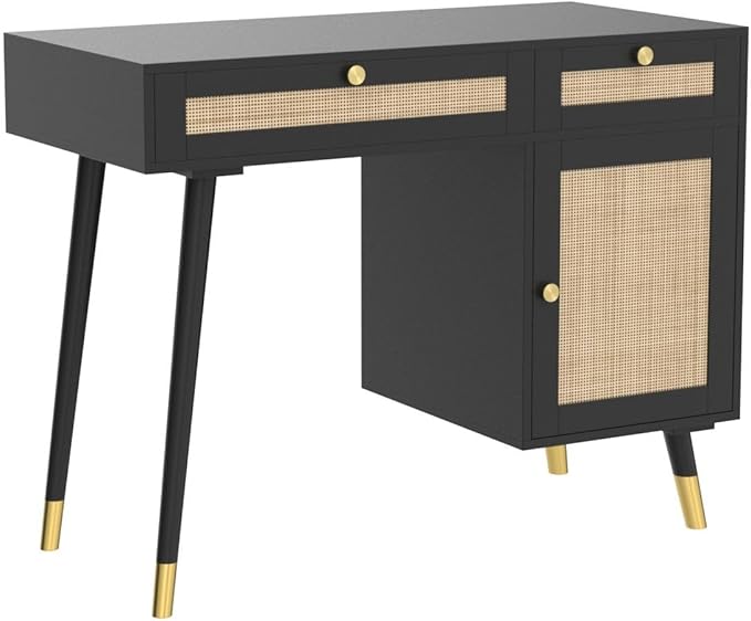 Anmytek Rattan Vanity Desk with Drawers and Storage, Black Makeup Vanity Table Modern Home Office Desk Computer Desk for Study D0005