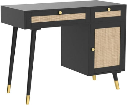Anmytek Rattan Vanity Desk with Drawers and Storage, Black Makeup Vanity Table Modern Home Office Desk Computer Desk for Study D0005