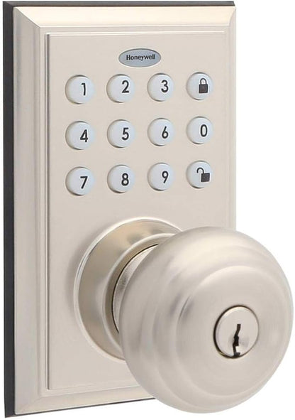 Honeywell Safes & Door Locks BLE Electronic Entry Knob with Keypad, Square Faceplate, Satin Nickel
