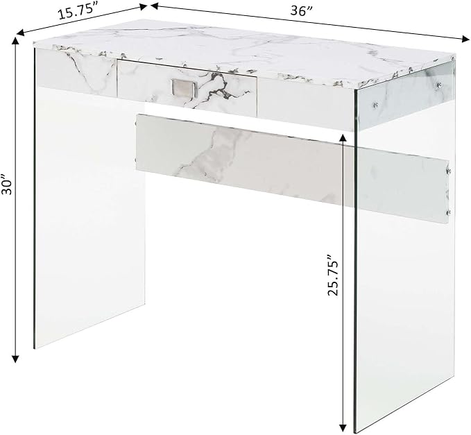 Convenience Concepts SoHo 1 Drawer Glass 36 inch Desk, White Faux Marble/Glass