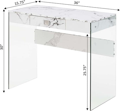 Convenience Concepts SoHo 1 Drawer Glass 36 inch Desk, White Faux Marble/Glass