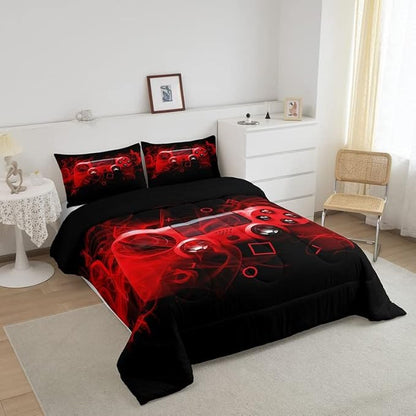 Feelyou Kids Gaming Comforter Set Queen Size Gamer Bedroom Decor for Boys Girls Teens Video Game Controller Bedding Set Youth Gaming Console Comforter Red Black Geometry with 2 Pillow Case