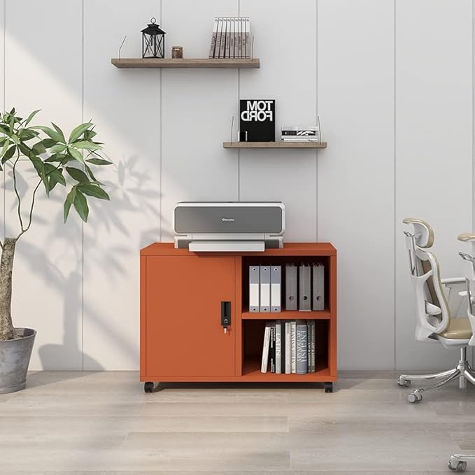 Metal Mobile Lateral File Cabinet, Storage Locker,Printer Stand with Open Storage Shelves for Office,School,Home,Living Room. (Orange)