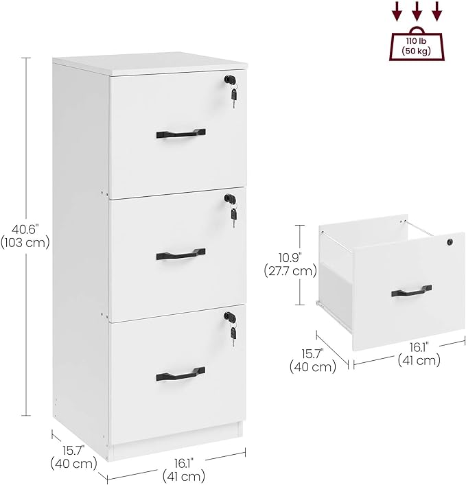 VASAGLE 3-Drawer Vertical File Cabinet, Filing Cabinet for Home Office, Printer Stand, with 3 Lockable Drawers, Adjustable Hanging Rail, for A4 and Letter-Size Files, Cloud White UOFC055W14