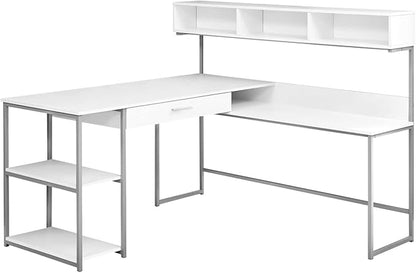 Monarch Specialties Workstation for Home & Office with Multiple Shelves and Drawer L-Shaped Corner Desk with Hutch, 60" L, White/Silver Frame