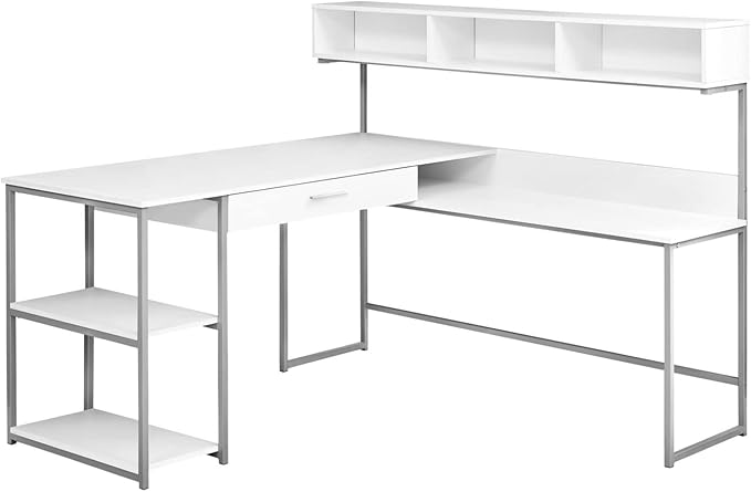 Monarch Specialties Workstation for Home & Office with Multiple Shelves and Drawer L-Shaped Corner Desk with Hutch, 60" L, White/Silver Frame