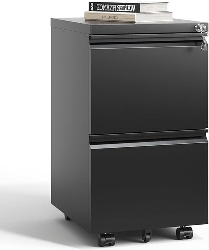 2 Drawer Mobile File Cabinet with Lock,Under Desk Metal Filing Cabinet for Home Office,Steel Small Rolling File Cabinet with 2 Keys for Legal/Letter/A4 Size Fully Assembled Except Wheels (Black)