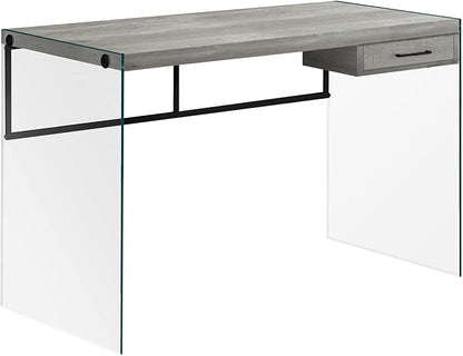 Monarch Specialties Computer Desk - Contemporary Writing Desk with Drawer - Tempered Glass Legs - 48"L (Grey Reclaimed Wood Look)