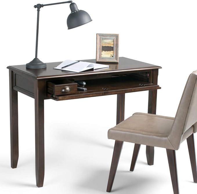 SIMPLIHOME Burlington SOLID WOOD 42 inch Wide Home Office Desk, Writing Table, Workstation, Study Table Furniture in Mahogany Brown with 1 Drawer