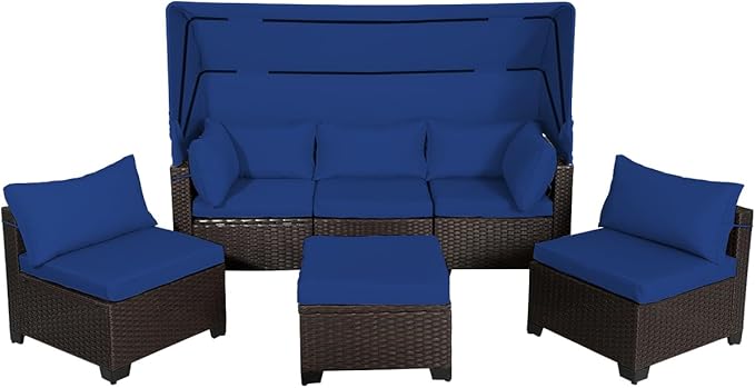 6 PCS Outdoor Patio Furniture Set,Sectional Sofa Set,Rattan Daybed with Retractable Canopy,Adjustable Backrest,Storage Coffee Table,Chaise Chair Sunbed for Garden Poolside Backyard(Dark Blue)