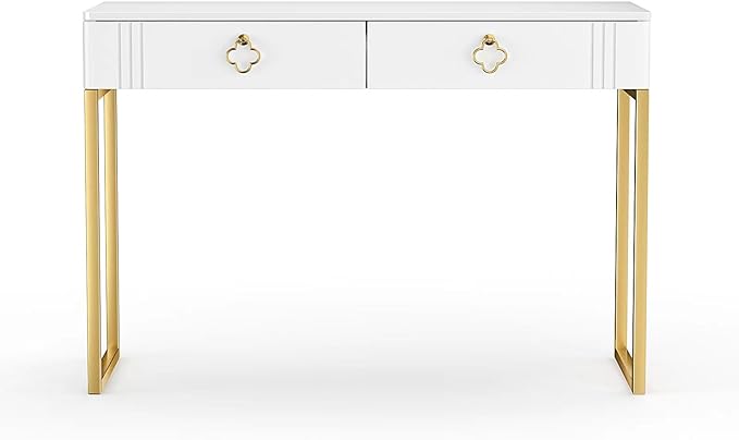 White Desk with Drawers,Modern Laptop Table with gold metal legs,43 inch Makeup Vanity Small Desk with Storage, Stylish & Functional Computer Desk Work Stations for Home Office