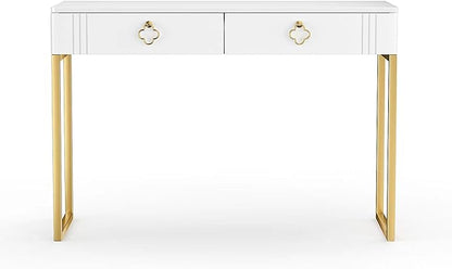 White Desk with Drawers,Modern Laptop Table with gold metal legs,43 inch Makeup Vanity Small Desk with Storage, Stylish & Functional Computer Desk Work Stations for Home Office