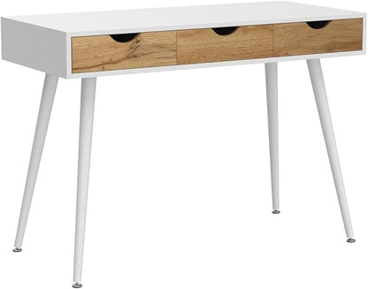 SogesHome 43.3 Computer Desk, Home Office Work Table with 3-Drawers, Gaming Working Writing Table, White&Teak
