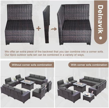 Patio Furniture Sectional Sofa Set 13-Pieces PE Rattan Patio Conversation Set w/43in Gas Fire Pit Table, Outdoor Furniture with 55000 BTU Propane Fire Pit, Grey