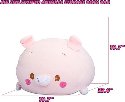 Stuffed Animal Storage Bean Bag Chair Cover for Kids Pink Pig Plush Bean Bag Chair for Girls Large Size Toy Organizer Cover Only Without Filling