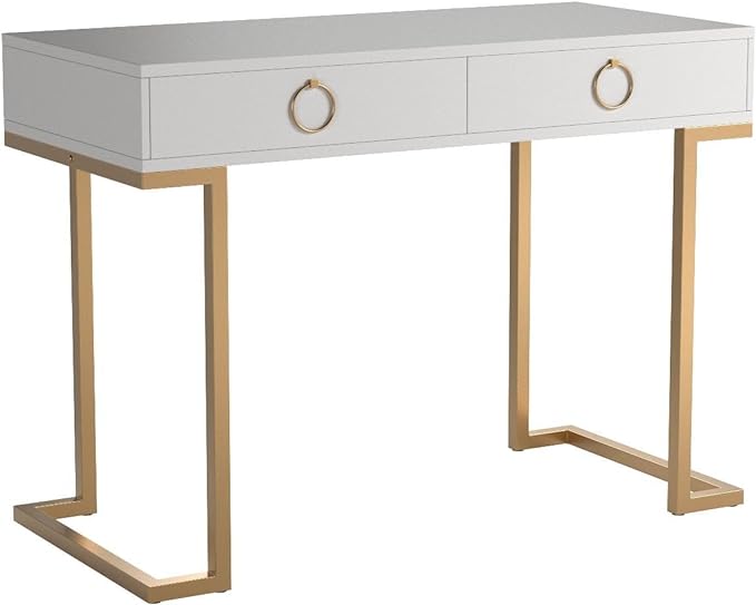 Nathan James Leighton Two-Drawer Writing Glam Accents Brass, Home Office Computer Desk or Vanity Table, 2, White/Gold, Small