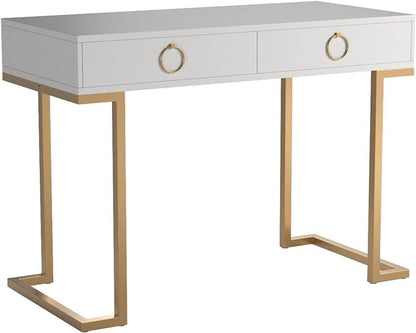 Nathan James Leighton Two-Drawer Writing Glam Accents Brass, Home Office Computer Desk or Vanity Table, 2, White/Gold, Small