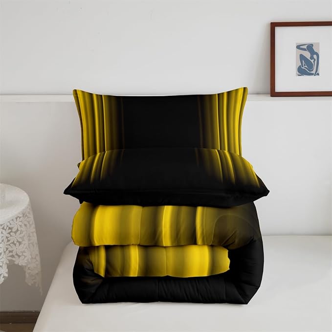 Geometric Abstract Ombre Bedding Bed Set Men Adults Teens Yellow and Black Striped Comforter Set Kids Boys Girls Simple Modern Comforter Inner Fill Bedroom Collection 3Pcs Queen Size