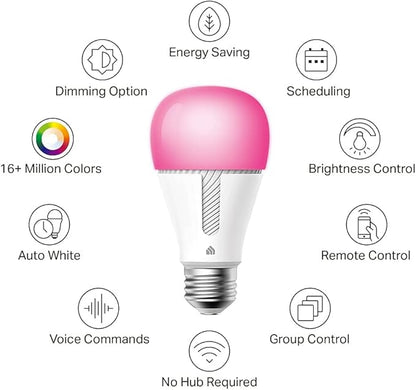 Kasa Smart Bulb, 1000 Lumens Full Color Changing Dimmable Smart WiFi Light Bulb Compatible with Alexa and Google Home, 11W, A19, 2.4Ghz only, No Hub Required (KL135P2), 2-Pack,White