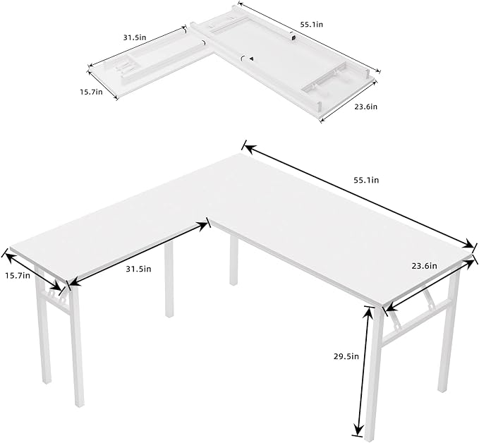 DlandHome L-Shaped Folding Computer Desk 55inches and 55inches Left and Right Adjustable Half-Installed Home Office Workstation Corner Table,White +White