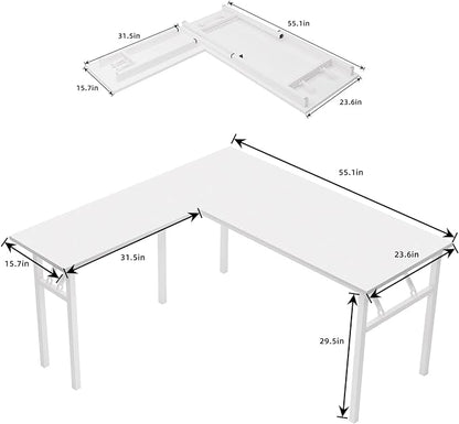 DlandHome L-Shaped Folding Computer Desk 55inches and 55inches Left and Right Adjustable Half-Installed Home Office Workstation Corner Table,White +White