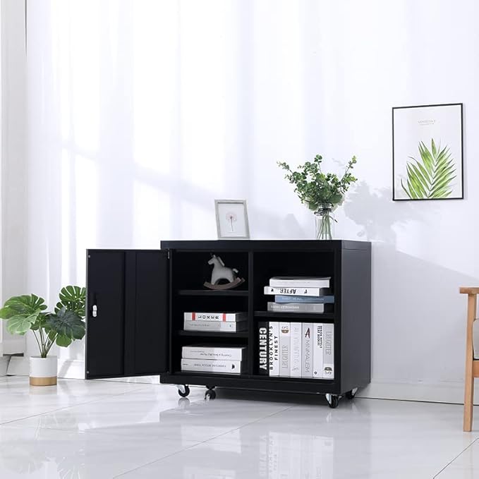 Metal Mobile Lateral File Cabinet, Storage Locker,Printer Stand with Open Storage Shelves for Office,School,Home,Living Room. (Black)